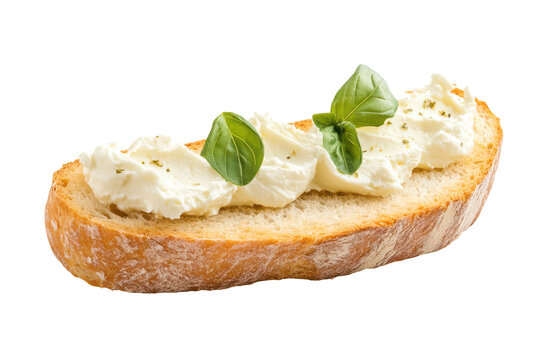 Delicious bruschetta with white cheese and basil isolated on transparent background. Slice of bread with cream cheese isolated on white background. - Powered by Adobe