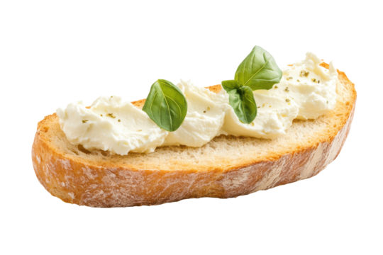 Delicious bruschetta with white cheese and basil isolated on transparent background. Slice of bread with cream cheese isolated on white background.