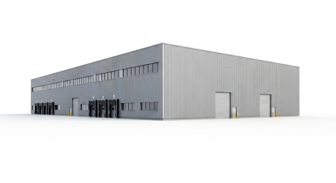 Modern industrial building isolated on white background, showcasing architectural design and functional space for manufacturing and logistics