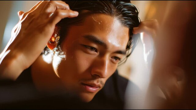 Close-up of a young man adjusting his hair in a softly lit room during the early evening