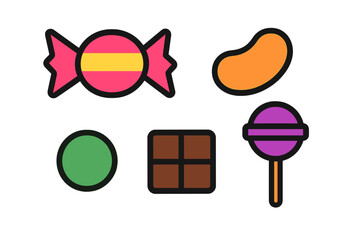 Colorful assortment of sweet treats including wrapped candy, lollipop, chocolate, and jelly beans