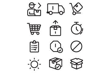 Shipping and Delivery Icons Courier, Truck, Shopping Cart, Package, Stopwatch, Checklist