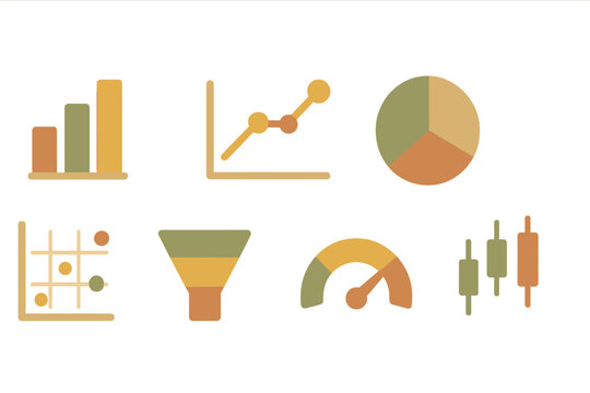 Set of business data visualization icons showing charts, graphs, funnel, and speedometer gauge