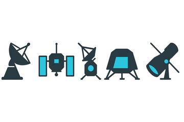 Collection of space technology icons including satellite, telescope, and planetary lander © icon_art