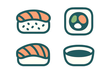 Minimalist set of Japanese food icons featuring nigiri sushi, maki roll, and dipping sauce bowl