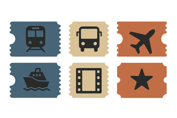 Six stylized tickets with icons representing transportation and entertainment events
