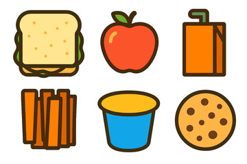 Colorful food icons including sandwich, apple, bell pepper, fries, yogurt, and cookie