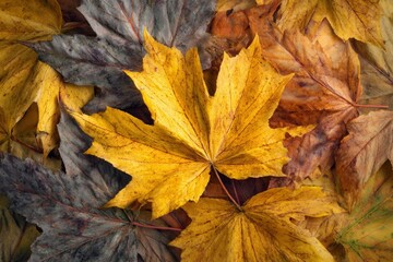 Golden autumn glory: celebrating the rich textures of fall foliage. Advertising photo. Enriched dimension of autumn leaves: a vibrant, detailed panorama. Sharp image. Studio shot.