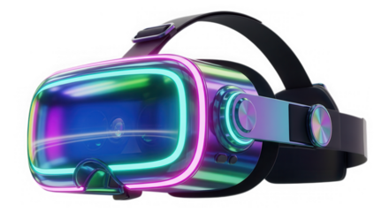 Immersive virtual reality headset with neon led lighting for gaming and entertainment isolated on transparent background