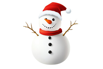 Cute snowman wearing a santa hat and scarf isolated on transparent background. Snowman with red hat isolated on white background.