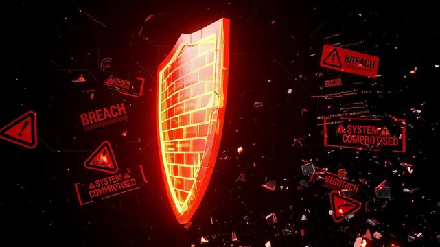 Cybersecurity threat represented by a red shield on a black background, cybersecurity threat alerts, security system breach.
