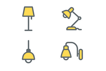 Four modern lighting icons: floor lamp, desk lamp, pendant light, and wall sconce set