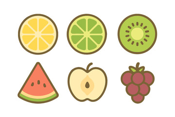 Assortment of fresh citrus, kiwi, watermelon, apple, and grape icons in a clean flat design