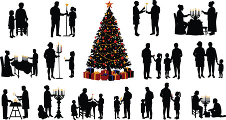 Christmas and Hanukkah family silhouettes celebrating holidays, lighting menorah, decorating Christmas tree, festive season illustration, multicultural winter celebration vector
