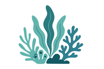 Abstract composition of various stylized marine plants and coral reef elements in teal and turquoise colors