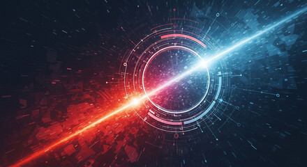 Abstract image of a red and blue light beam colliding in the center of a circular design.