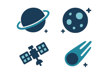 Space and astronomy symbols featuring ringed planet, moon, satellite, and comet © icon_art
