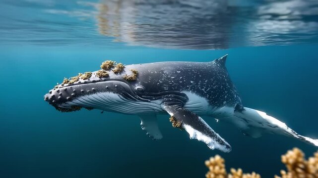 A humpback whale swims underwater near coral, with barnacles on its head.