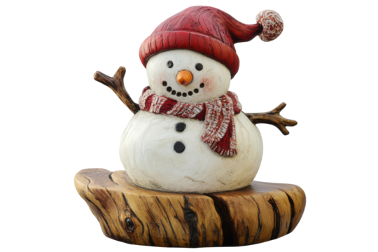 Cute snowman figurine with red hat and scarf isolated on transparent background. Snowman with red hat isolated on white background.