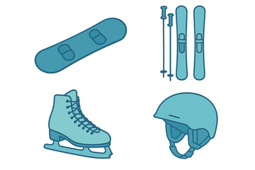 Set of winter sports equipment icons: snowboard, skis, ice skate, and helmet