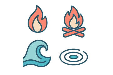 Four natural element symbols: fire flame, campfire, ocean wave, and water ripple
