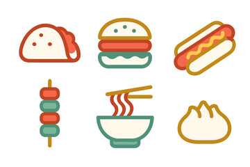 Colorful set of six popular fast food and street food icons including burger, taco, hot dog, ramen, and dumpling