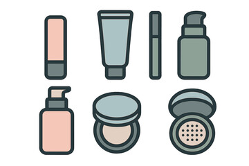 Assortment of cosmetic containers foundation powder and lotion bottles