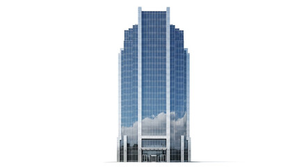 Obraz premium Modern glass skyscraper isolated on white background, reflecting the sky and clouds, symbolizing urban architecture and business innovation