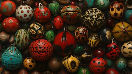 Artistic collection of decorative gourds or colorful ornamental balls in organic style