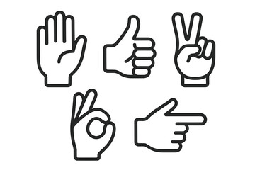 Outline icons set featuring common human hand gestures including stop, approval, peace, and okay signs