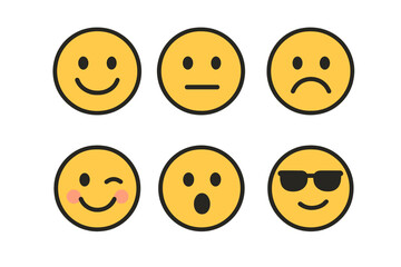 Collection of six yellow round faces showing various moods like joy, sadness, and surprise
