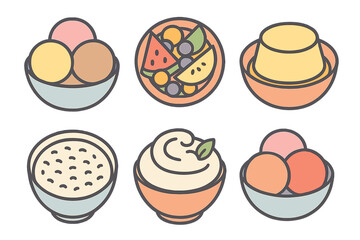 Colorful set of six sweet desserts and food items including ice cream and fruit salad