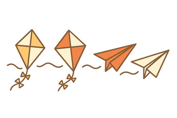 Simple doodle style icons of two kites and two paper airplanes soaring through the air