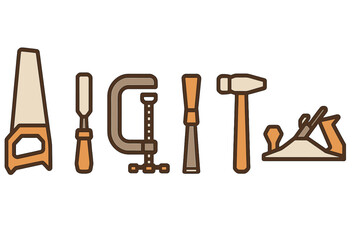 Essential carpentry tools arrangement featuring saw, chisel, clamp, hammer, and wood plane