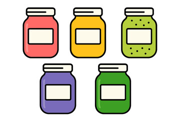 Set of five colorful jars of preserves with blank labels for food packaging
