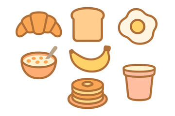 Assortment of classic breakfast foods and morning meal items in a simple graphic style