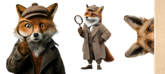Fox Dressed as Detective Peeking from Behind Wall Holding Magnifying Glass on Transparent


