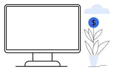 Computer monitor alongside a potted plant sprouting with a dollar sign as growth metaphor. Ideal for finance, online business, technology, investments, digital economy, education, and minimal themes