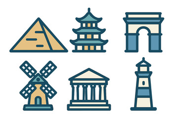 Collection of famous global travel landmarks and architectural monuments icons