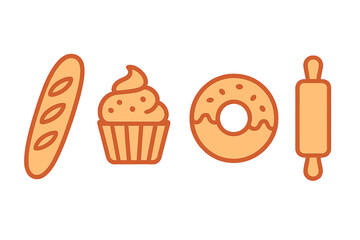 Simple bakery and dessert items: baguette, cupcake, donut, and rolling pin