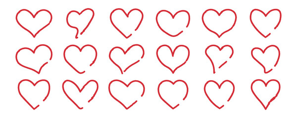Set of hand-drawn red heart icons in outline style. Perfect for Valentine&rsquo;s Day, romantic designs, cards and graphics. Minimalist symbols combine sketch with modern aesthetics