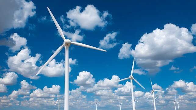 Bright blue sky filled with fluffy white clouds contrasts with the sleek white wind turbines, showcasing renewable energy sources and sustainable technology on a sunny day in a natural environment.