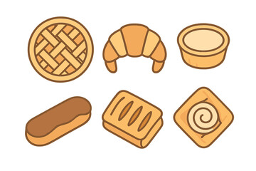 Collection of various sweet baked goods and pastries including pie, croissant, and eclair icons