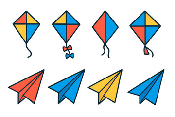 Set of colorful outline icons showing traditional kites and folded paper airplanes