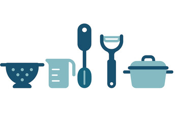 Essential kitchen cooking utensils and equipment set including pot, colander, and measuring cup