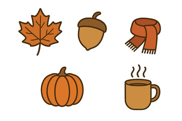 Cozy autumn and fall season icons set featuring pumpkin, leaf, acorn, scarf, and hot beverage