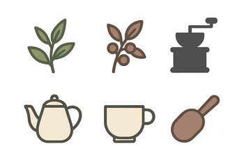 Set of stylized icons for coffee and tea preparation including grinder and teapot