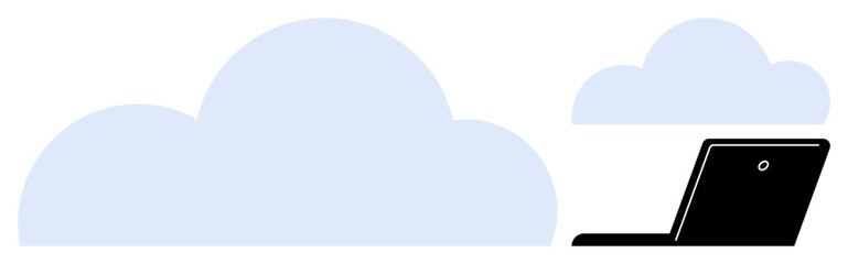 Black laptop next to two light blue clouds symbolizing cloud computing, data access, and remote storage. Ideal for technology, connectivity, innovation, cloud storage, networking, remote work