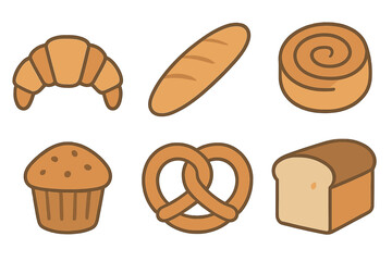 Freshly baked goods including croissant baguette pretzel muffin and loaf bread