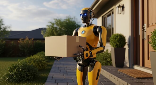This realistic yellow and black AI-powered humanoid robot efficiently delivers parcels to your home